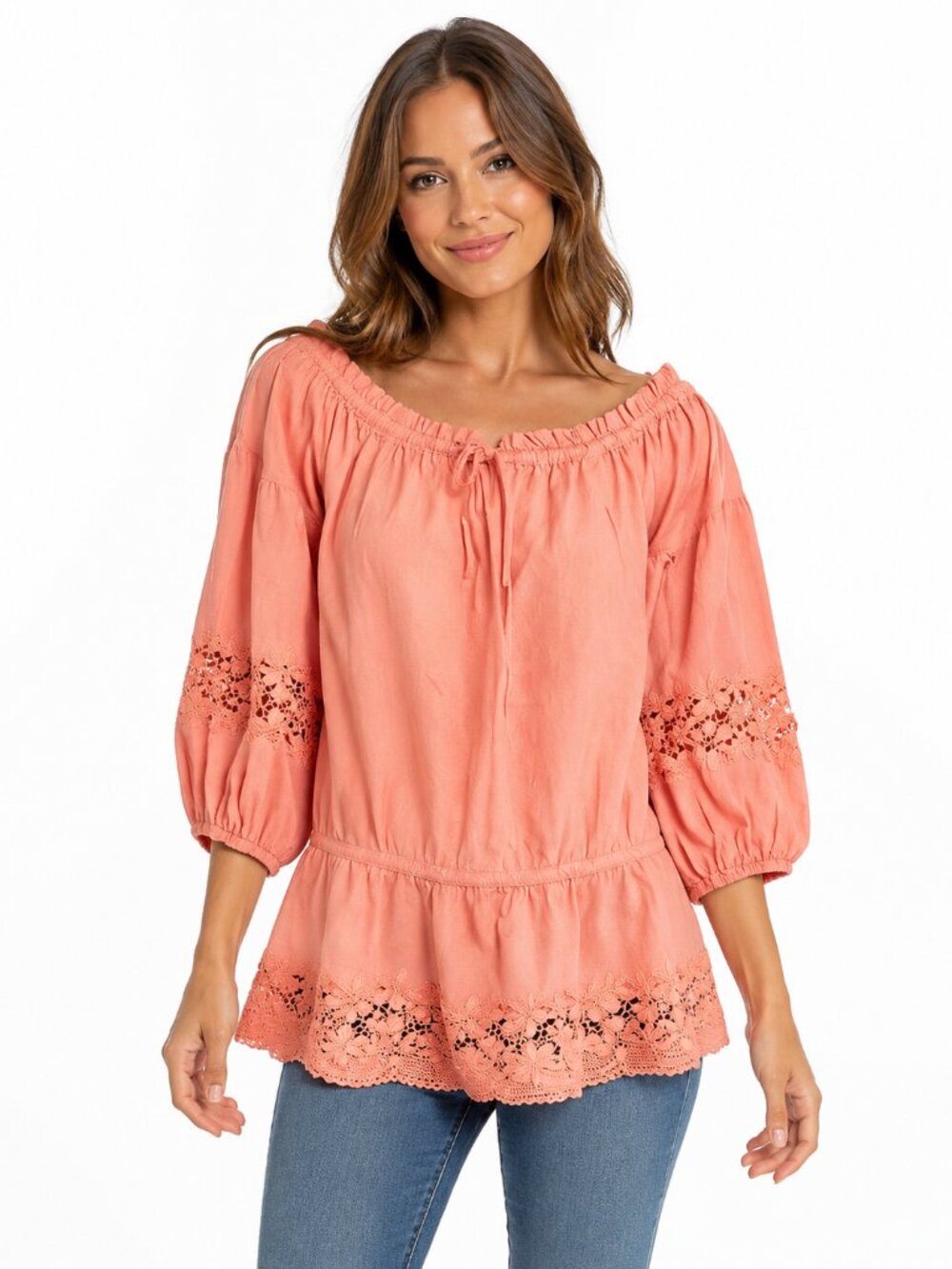 Cartolina Coral Pink Lace Peasant Blouse Boho Balloon Sleeve Peplum Top Sz S